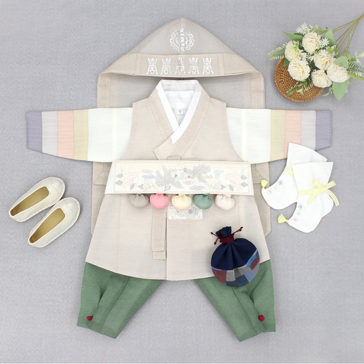 Korean Traditional Boy Baby Hanbok Dol Baikil Party Celebration 100th Days 1-10 Years Beige Khaki DDB117