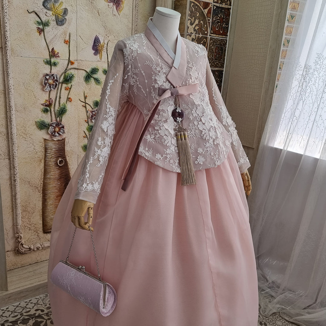 Korean Traditional Woman Personal Custom Hanbok Wedding Party Ceremony Lovely Pink Lace Hanbok Skirt Mom Grandmom Hanbok OSW135