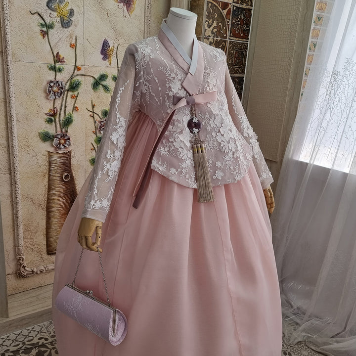 Korean Traditional Woman Personal Custom Hanbok Wedding Party Ceremony Lovely Pink Lace Hanbok Skirt Mom Grandmom Hanbok OSW135