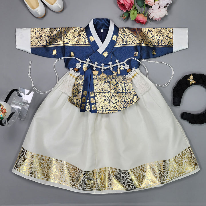 Korea Traditional Hanbok Girl Baby Green-Navy Gold Print Baikil 1–10 Years 1st Birthday Party GOG102