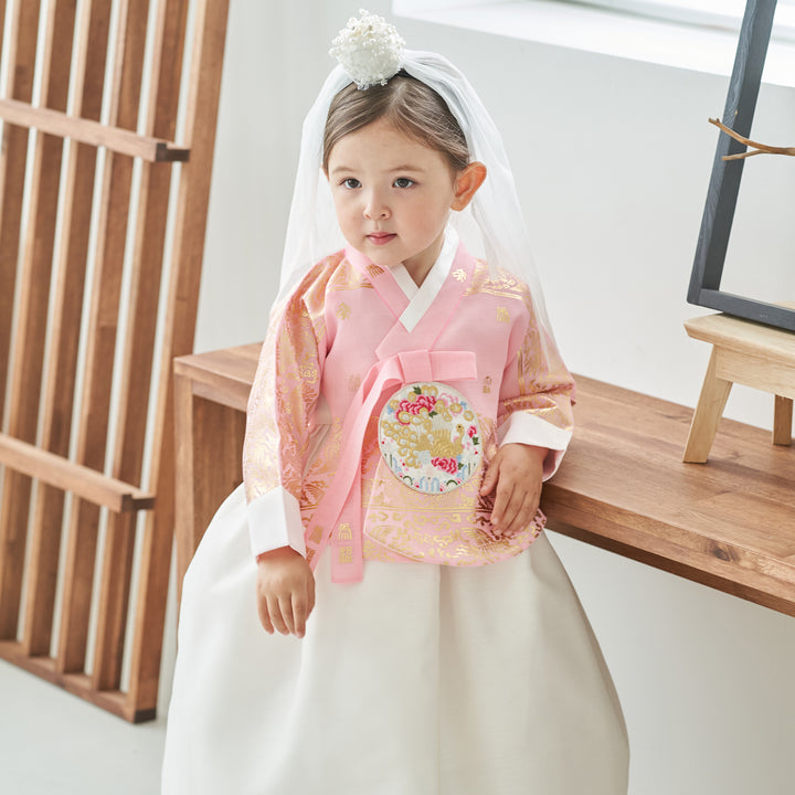 Hanbok Dress Girl Baby Korea Traditional Clothing Set First Birthday Celebration Party Celebration 1–8 Years Ivory Pink Fancy Gold Print OS107