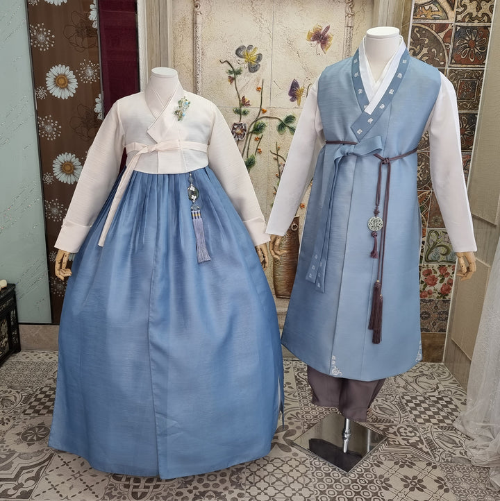 Korean Traditional Woman Man Couple Personal Custom Hanbok Wedding Party Ceremony Blue Hanbok OSF131