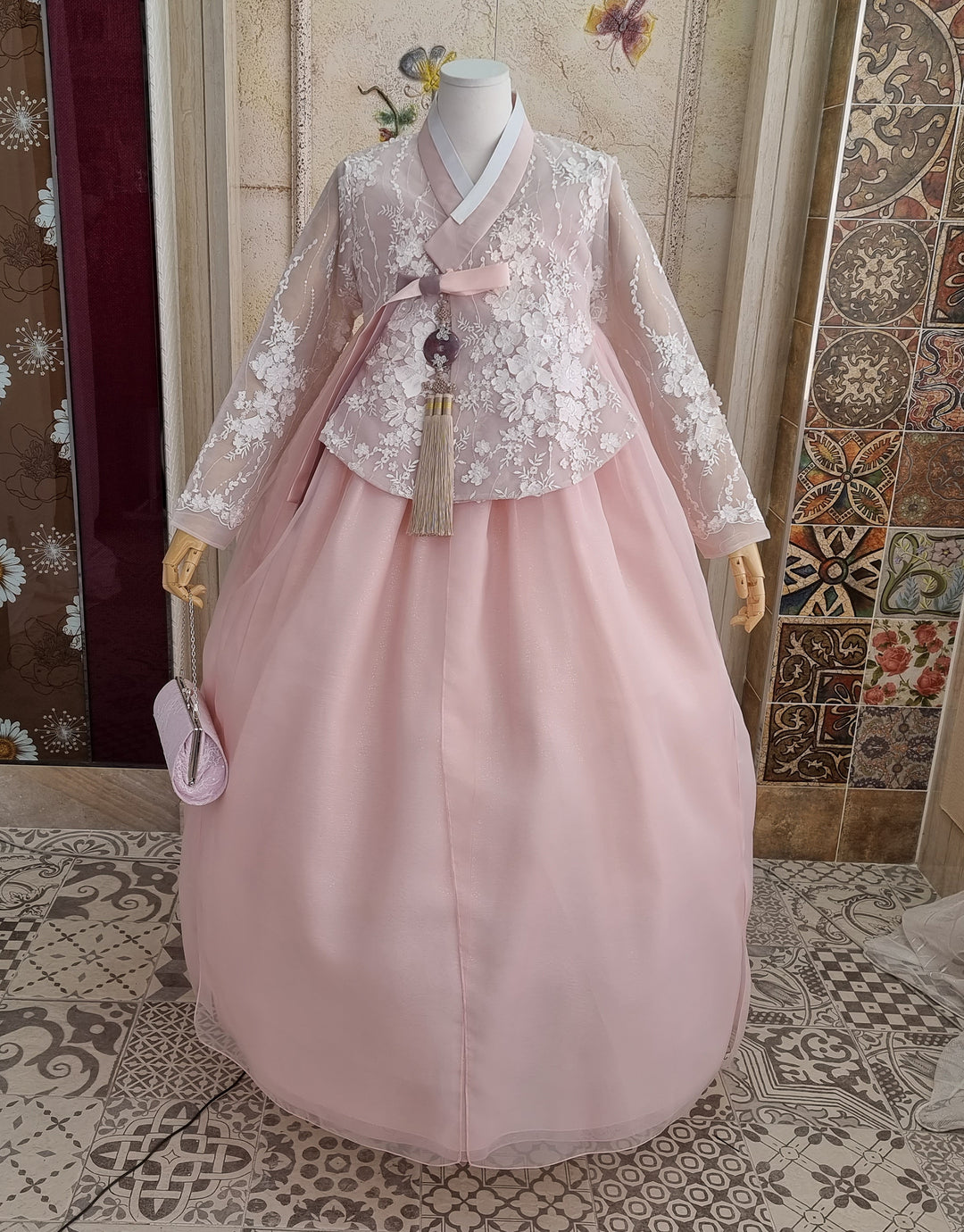 Korean Traditional Woman Personal Custom Hanbok Wedding Party Ceremony Lovely Pink Lace Hanbok Skirt Mom Grandmom Hanbok OSW135