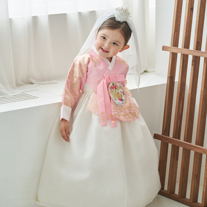 Hanbok Dress Girl Baby Korea Traditional Clothing Set First Birthday Celebration Party Celebration 1–8 Years Ivory Pink Fancy Gold Print OS107