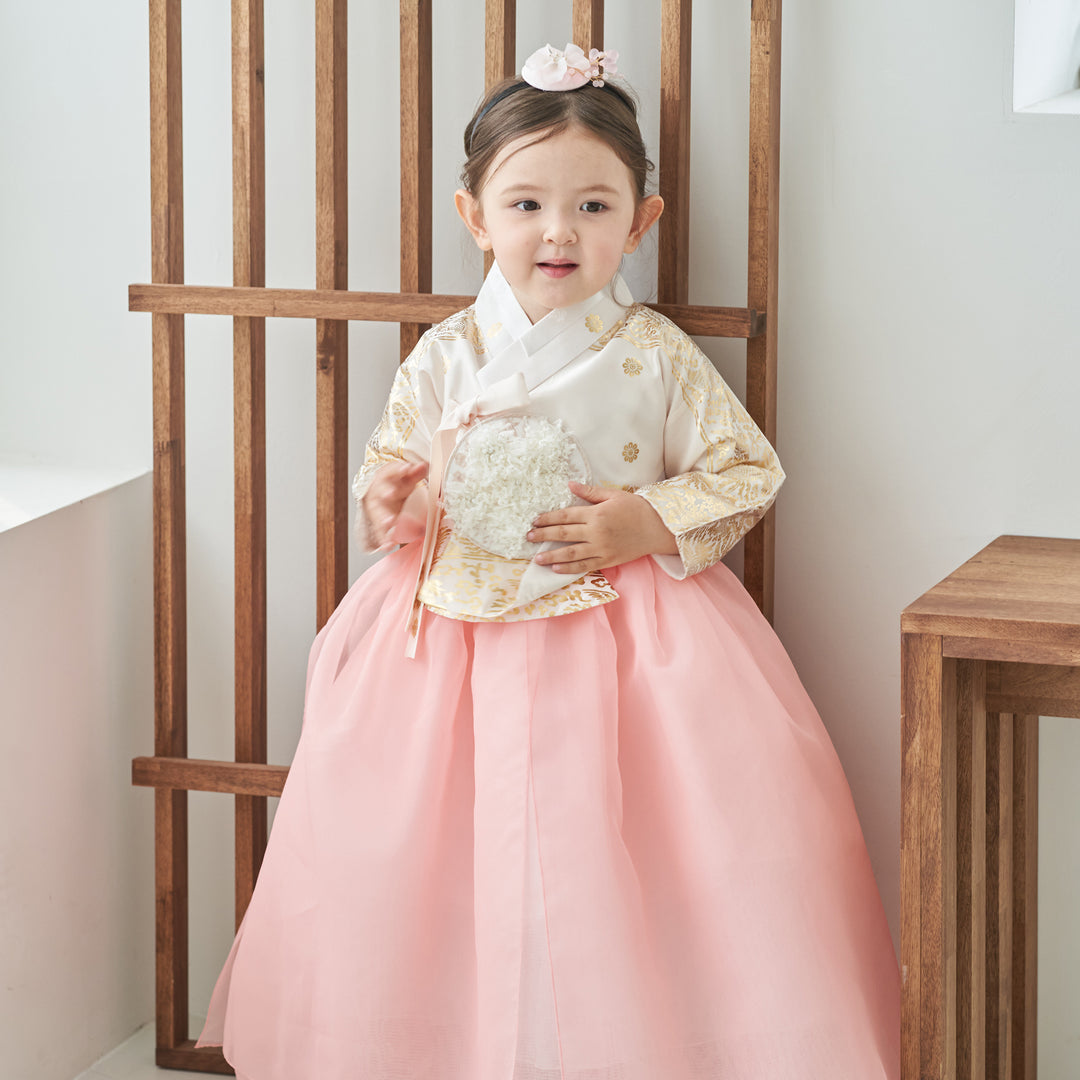 Hanbok Dress Girl Baby Korea Traditional Clothing Set First Birthday Celebration Party Celebration 1–8 Years Ivory Pink Fancy Gold Print OS106