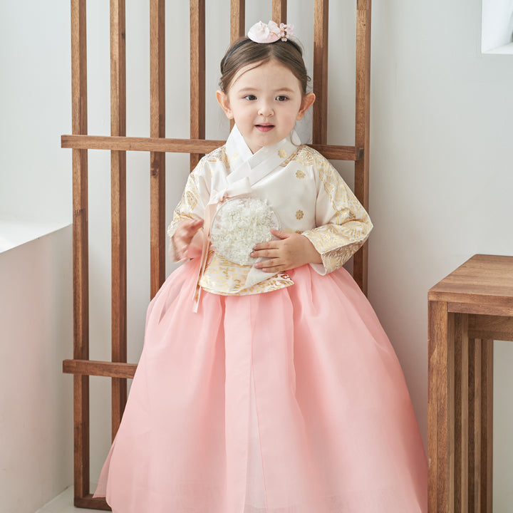 Hanbok Dress Girl Baby Korea Traditional Clothing Set First Birthday Celebration Party Celebration 1–8 Years Ivory Pink Fancy Gold Print OS106