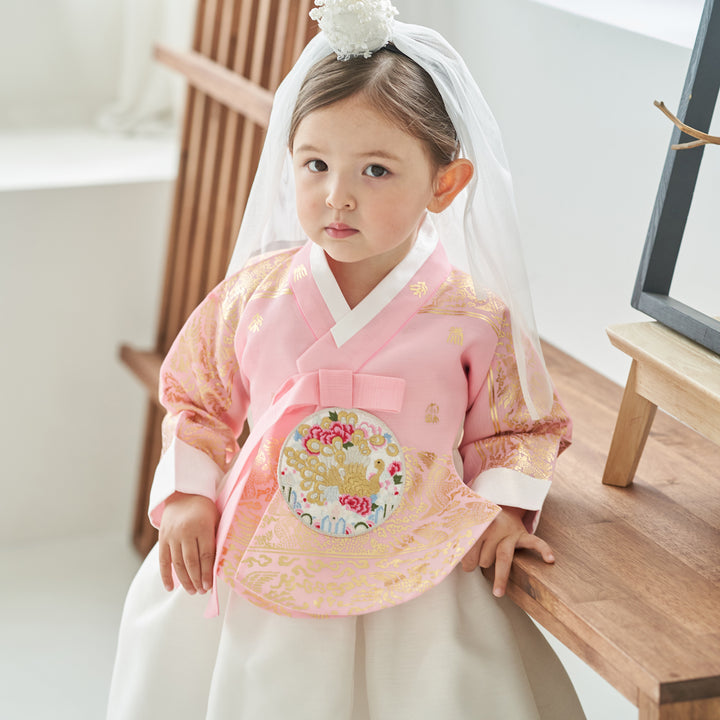 Hanbok Dress Girl Baby Korea Traditional Clothing Set First Birthday Celebration Party Celebration 1–8 Years Ivory Pink Fancy Gold Print OS107
