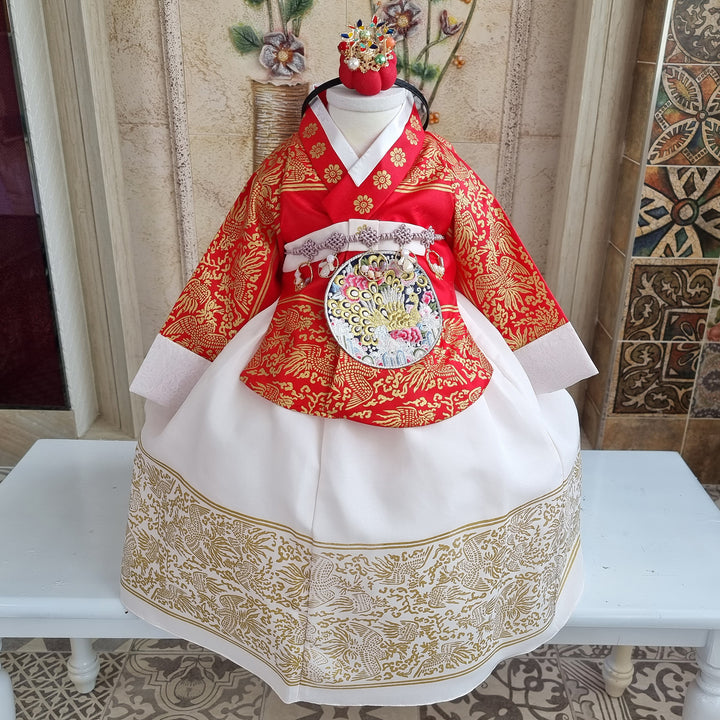 Hanbok Dress Girl Baby Twins Sisters Korea Traditional Clothing Set First Birthday Celebration Party Celebration Navy Red Print OS209