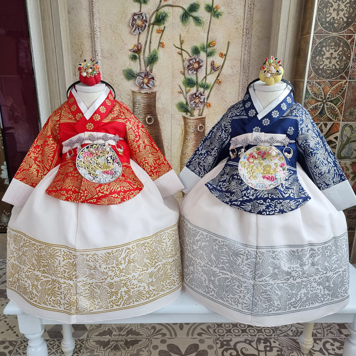 Hanbok Dress Girl Baby Twins Sisters Korea Traditional Clothing Set First Birthday Celebration Party Celebration Navy Red Print OS209