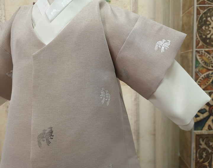 Korean Traditional Boy Baby Hanbok Dol Baikil Party Celebration 100th-10 Ages Beige Bird Silver Print HGB113