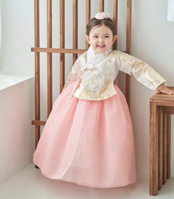 Hanbok Dress Girl Baby Korea Traditional Clothing Set First Birthday Celebration Party Celebration 1–8 Years Ivory Pink Fancy Gold Print OS106