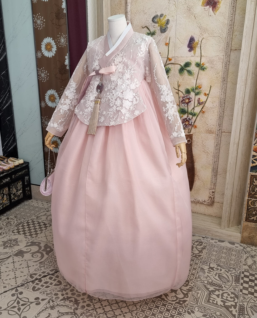 Korean Traditional Woman Personal Custom Hanbok Wedding Party Ceremony Lovely Pink Lace Hanbok Skirt Mom Grandmom Hanbok OSW135