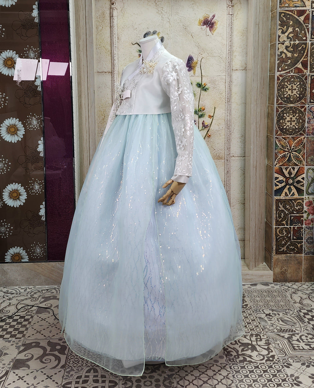 Korean Traditional Woman Personal Custom Hanbok Wedding Party Ceremony White Lace Bead Blue Skirt 147