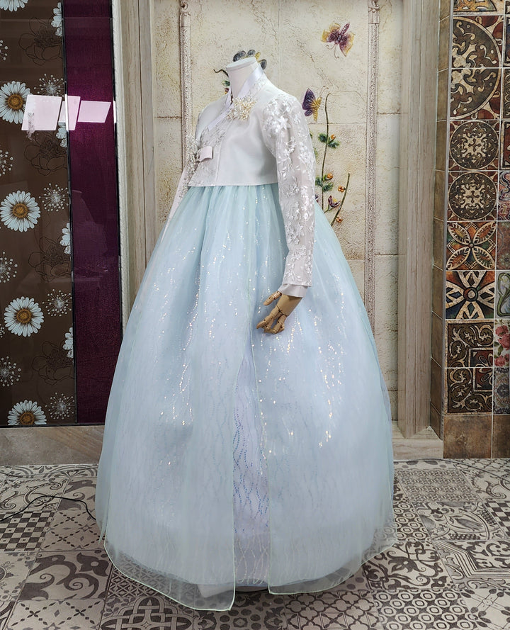 Korean Traditional Woman Personal Custom Hanbok Wedding Party Ceremony White Lace Bead Blue Skirt 147