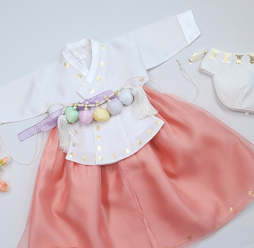 Korea Traditional Hanbok Girl Baby White Gold Print Baikil 1–10 Years 1st Birthday Party GOG208