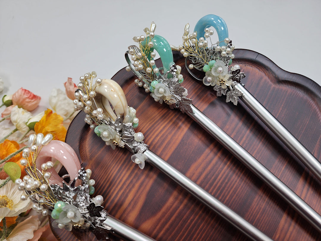 Korea Binyeo 비녀 Hair Accessory for Woman Hanbok Decoration Ornament Natural Stone Beads Flower 26 cm HB25