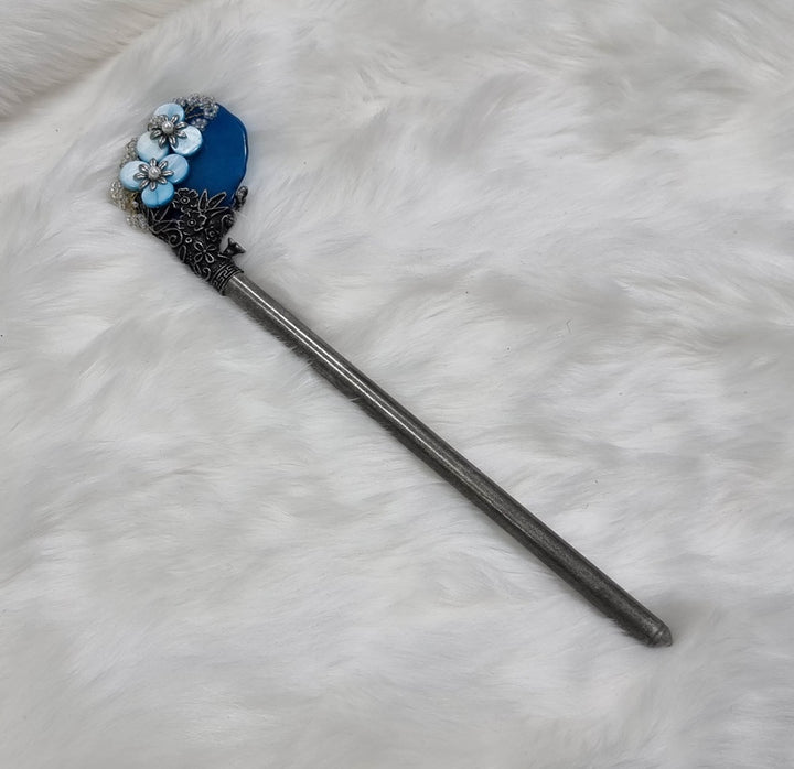 Korea Binyeo 비녀 Hair Accessory for Woman Hanbok Decoration Ornament Natural Stone Blue Flower 24cm 18