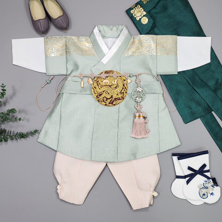 Korean Traditional Boy Baby Hanbok Dol Baikil Party Celebration 100th-10 Ages Light Green Gold Print GHB302