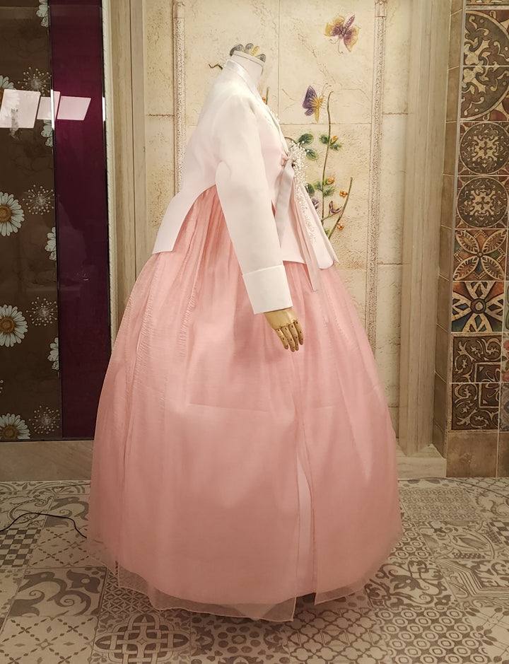Korean Traditional Woman Personal Custom Hanbok Wedding Party Ceremony Ivory Embroidery Peach Skirt Hanbok 143