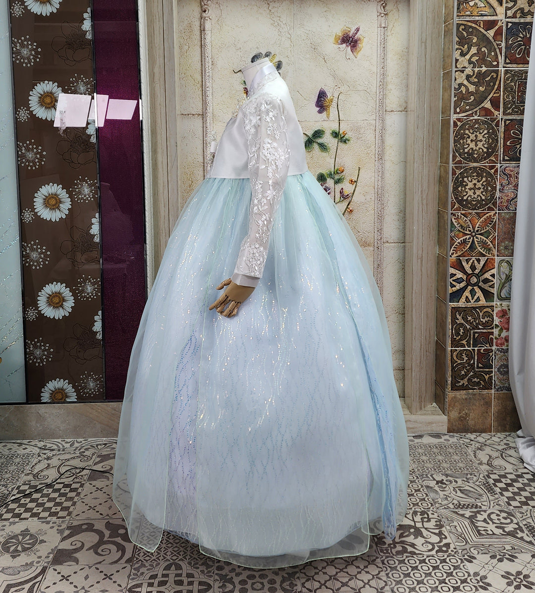 Korean Traditional Woman Personal Custom Hanbok Wedding Party Ceremony White Lace Bead Blue Skirt 147