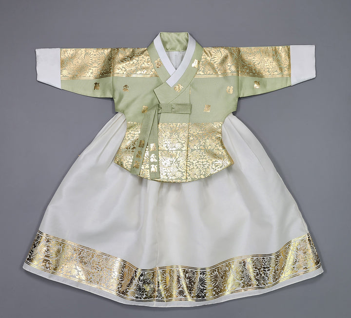 Korea Traditional Hanbok Girl Baby Light Green Gold Print Baikil 1–10 Years 1st Birthday Party GOG103