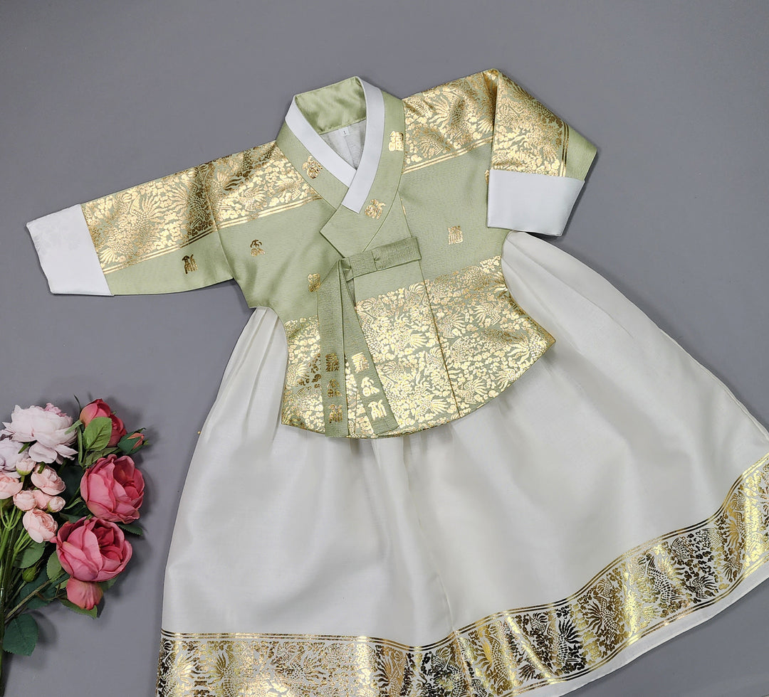 Korea Traditional Hanbok Girl Baby Light Green Gold Print Baikil 1–10 Years 1st Birthday Party GOG103