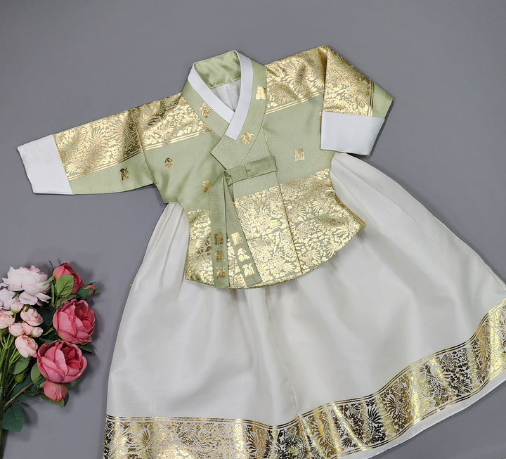 Korea Traditional Hanbok Girl Baby Light Green Gold Print Baikil 1–10 Years 1st Birthday Party GOG103