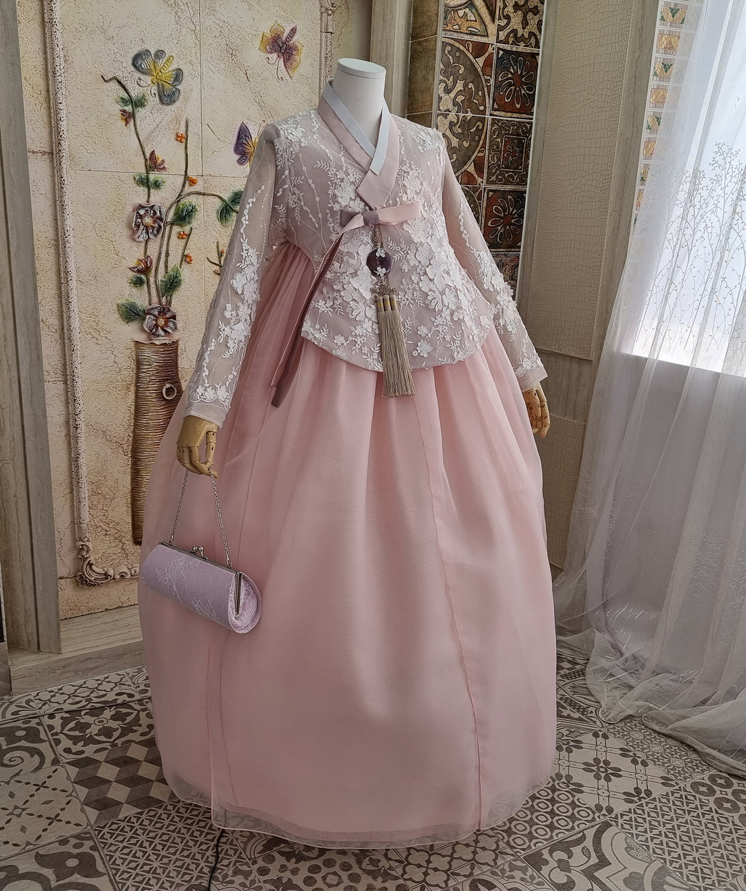 Korean Traditional Woman Personal Custom Hanbok Wedding Party Ceremony Lovely Pink Lace Hanbok Skirt Mom Grandmom Hanbok OSW135