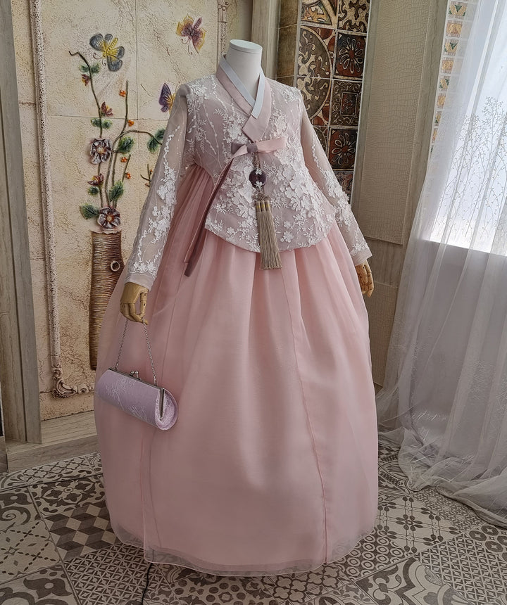Korean Traditional Woman Personal Custom Hanbok Wedding Party Ceremony Lovely Pink Lace Hanbok Skirt Mom Grandmom Hanbok OSW135