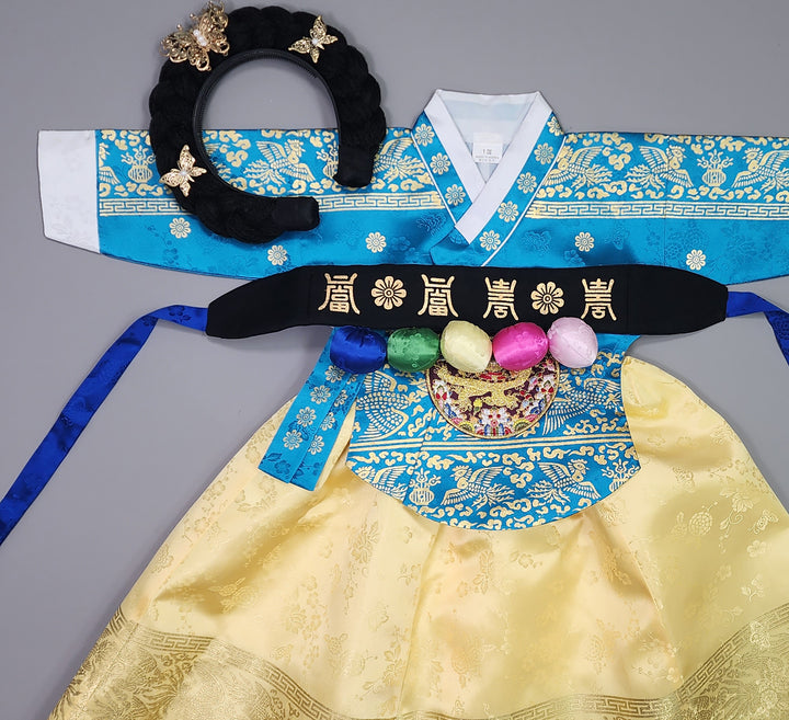 Hanbok Girl Baby Korea Traditional Clothing Set First Birthday Celebration Party Celebration 1–10 Years Blue Gold Print HG119
