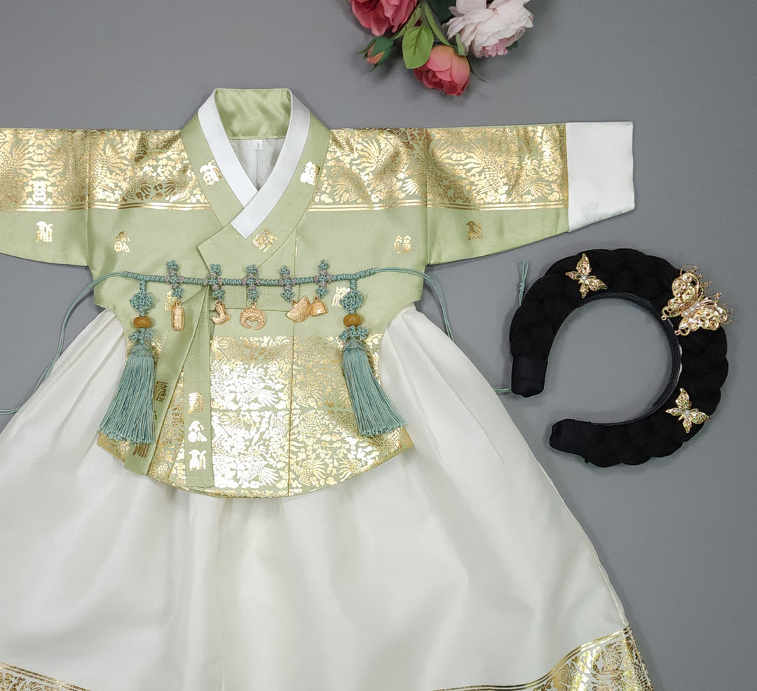 Korea Traditional Hanbok Girl Baby Light Green Gold Print Baikil 1–10 Years 1st Birthday Party GOG103