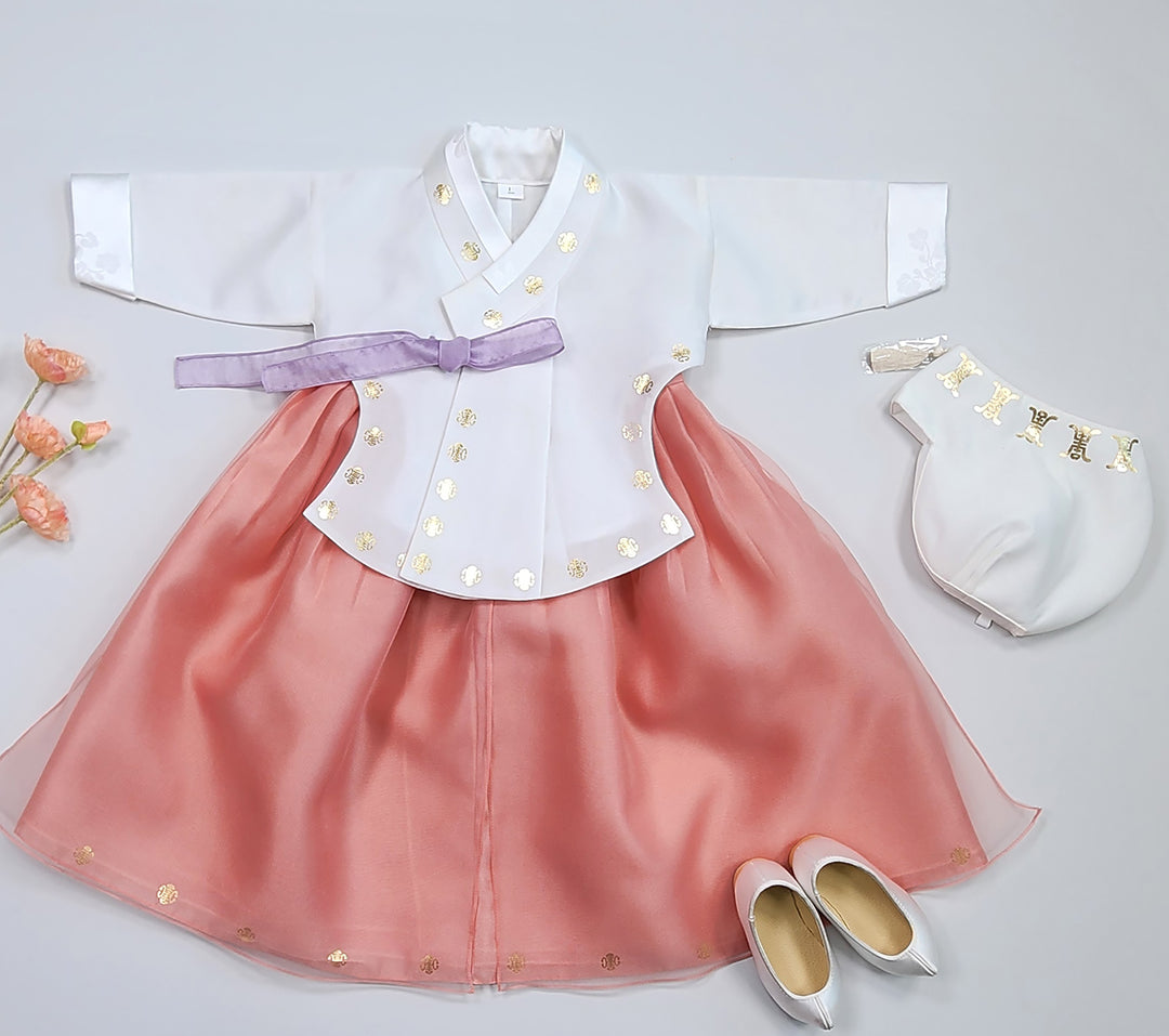 Korea Traditional Hanbok Girl Baby White Gold Print Baikil 1–10 Years 1st Birthday Party GOG208