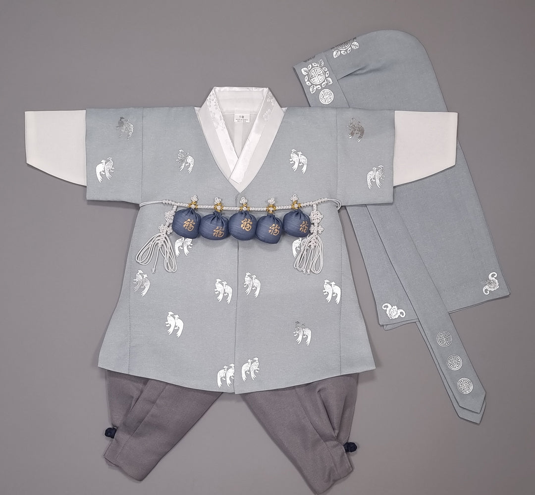 Korean Traditional Boy Baby Hanbok Dol Baikil Party Celebration 100th-10 Ages Blue Bird Silver Print HGB115