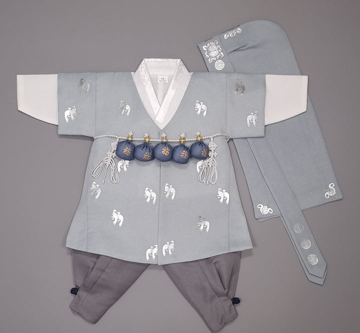 Korean Traditional Boy Baby Hanbok Dol Baikil Party Celebration 100th-10 Ages Blue Bird Silver Print HGB115