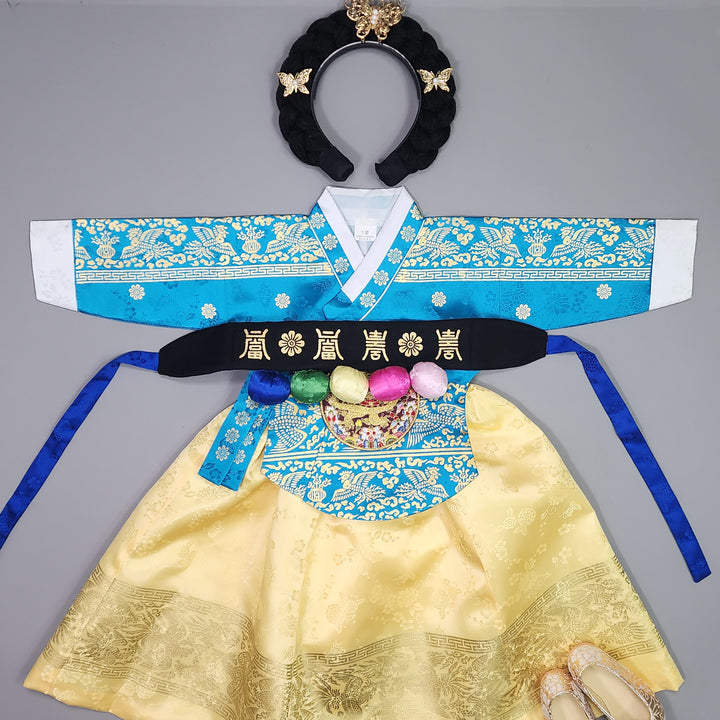 Hanbok Girl Baby Korea Traditional Clothing Set First Birthday Celebration Party Celebration 1–10 Years Blue Gold Print HG119