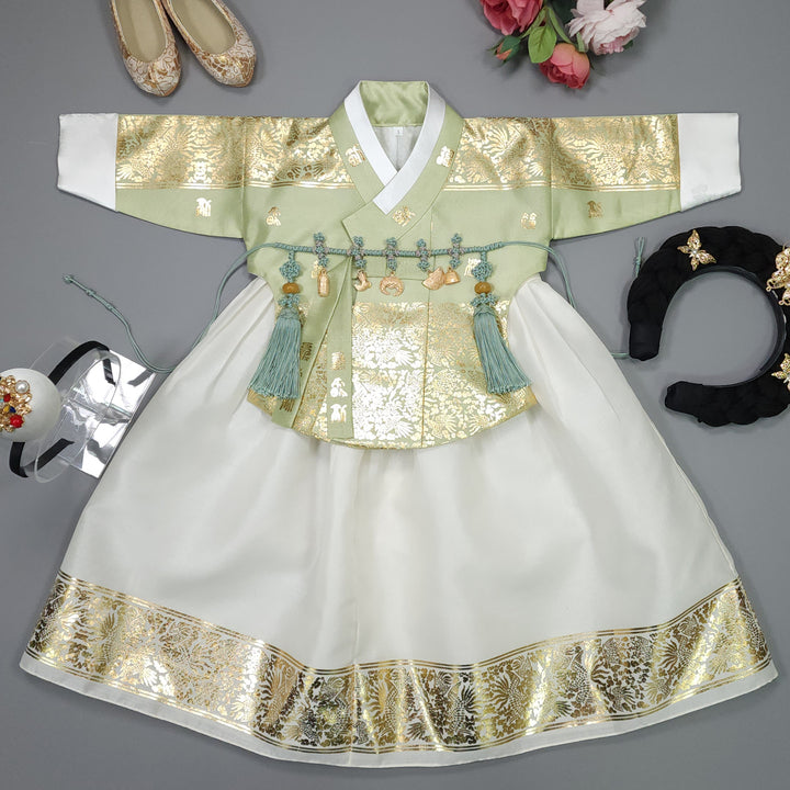 Korea Traditional Hanbok Girl Baby Light Green Gold Print Baikil 1–10 Years 1st Birthday Party GOG103
