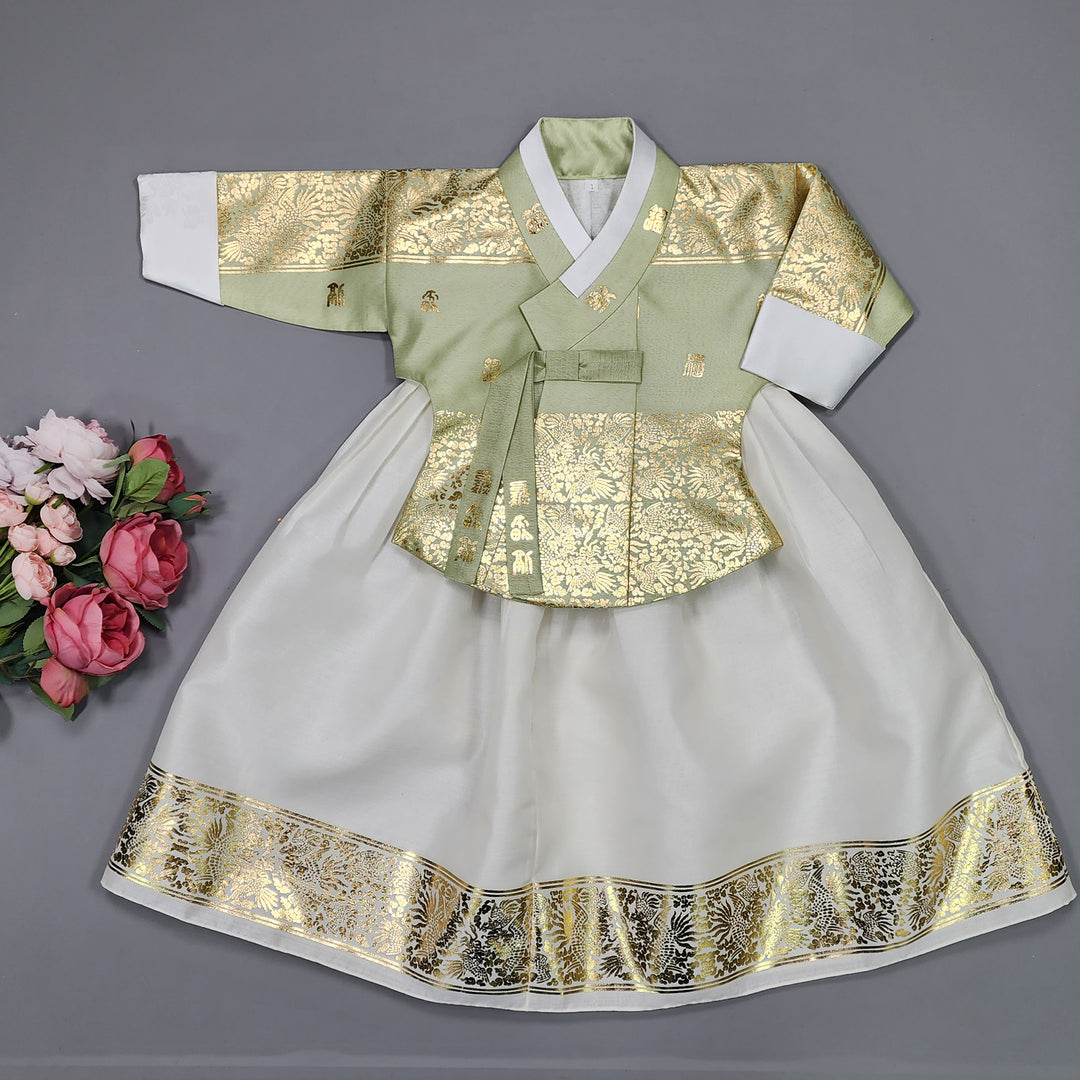 Korea Traditional Hanbok Girl Baby Light Green Gold Print Baikil 1–10 Years 1st Birthday Party GOG103