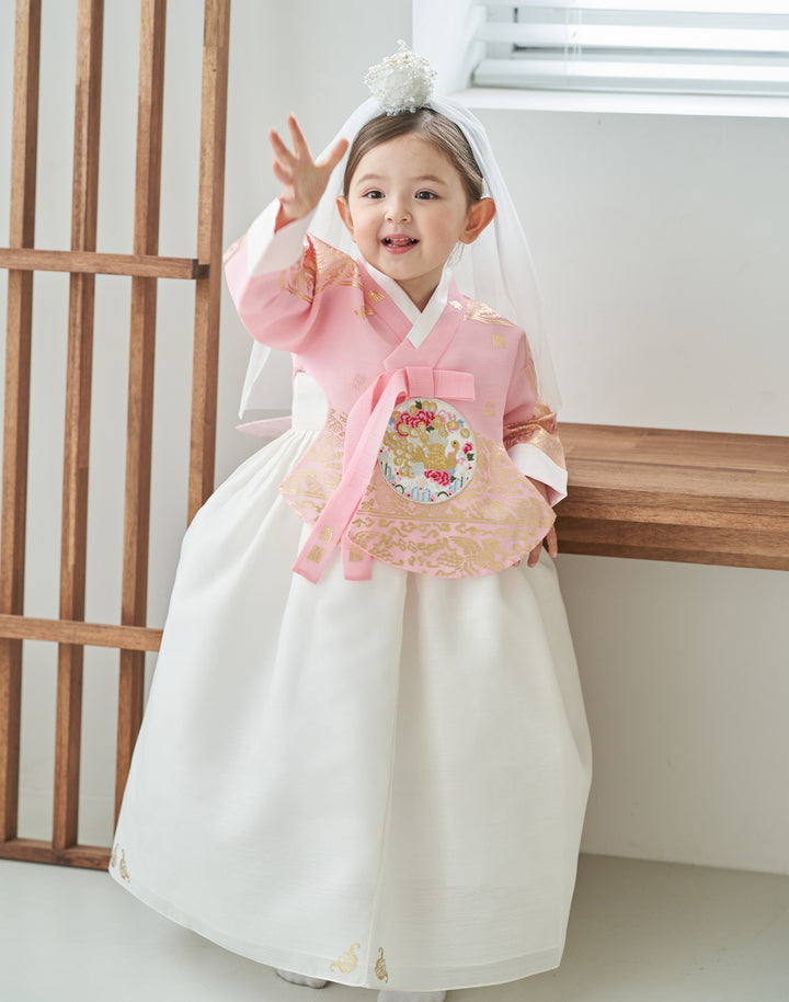 Hanbok Dress Girl Baby Korea Traditional Clothing Set First Birthday Celebration Party Celebration 1–8 Years Ivory Pink Fancy Gold Print OS107
