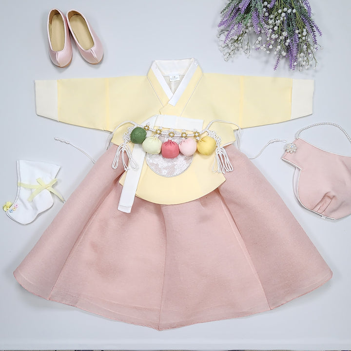 Hanbok Girl Baby Korea Traditional Clothing Set First Birthday Celebration Party 100th Birth Celebration 1–15 years Yellow HG354