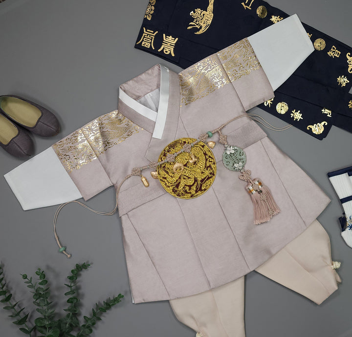 Korean Traditional Boy Baby Hanbok Dol Baikil Party Celebration 100th-10 Ages Beige Gold Print GHB304
