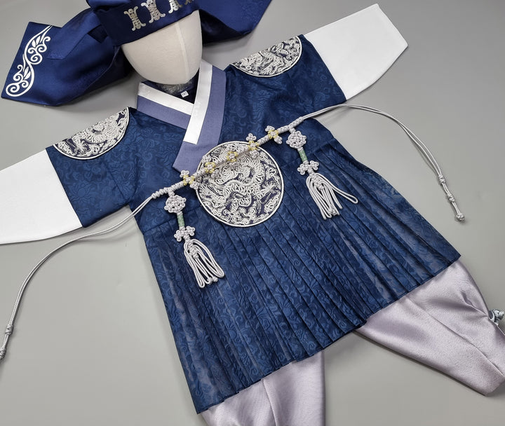 Korean Traditional Boy Baby Hanbok Dol Baikil Party Celebration 100th-10 Ages King Design Navy GHB102