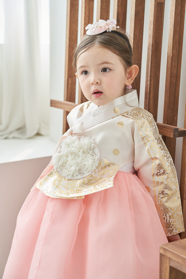 Hanbok Dress Girl Baby Korea Traditional Clothing Set First Birthday Celebration Party Celebration 1–8 Years Ivory Pink Fancy Gold Print OS106