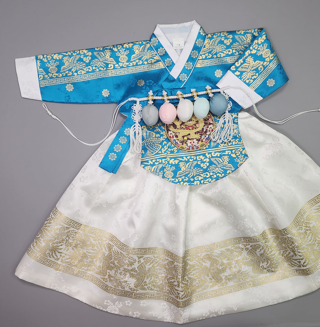 Hanbok Girl Baby Korea Traditional Clothing Set First Birthday Celebration Party Celebration 1–10 Years Blue White Skirt Gold Print HG135
