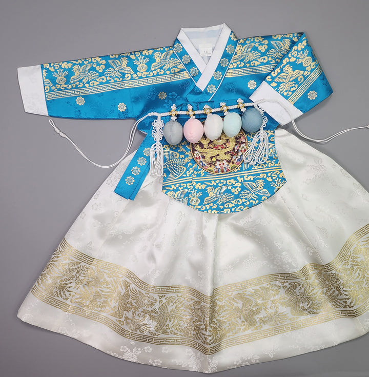 Hanbok Girl Baby Korea Traditional Clothing Set First Birthday Celebration Party Celebration 1–10 Years Blue White Skirt Gold Print HG135