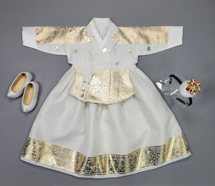 Korea Traditional Hanbok Girl Baby White Gold Print Baikil 1–10 Years 1st Birthday Party GOG104