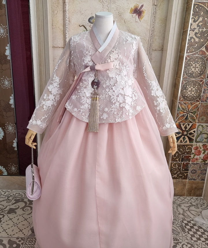 Korean Traditional Woman Personal Custom Hanbok Wedding Party Ceremony Lovely Pink Lace Hanbok Skirt Mom Grandmom Hanbok OSW135