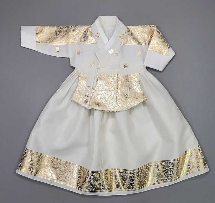 Korea Traditional Hanbok Girl Baby White Gold Print Baikil 1–10 Years 1st Birthday Party GOG104