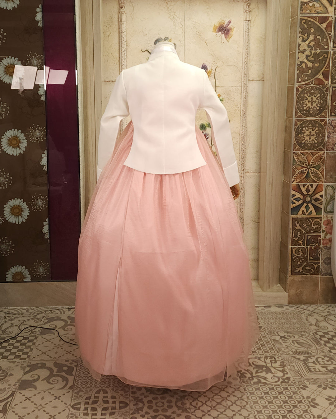 Korean Traditional Woman Personal Custom Hanbok Wedding Party Ceremony Ivory Embroidery Peach Skirt Hanbok 143