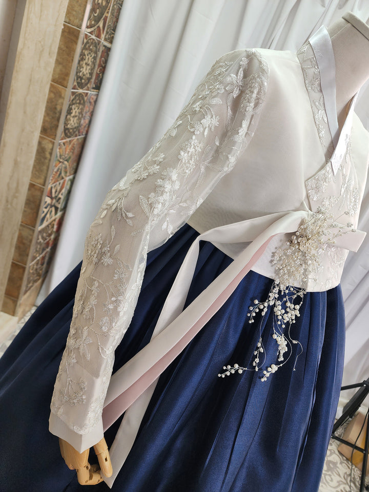 Korean Traditional Woman Personal Custom Hanbok Wedding Party Ceremony White Lace Embroidery OSW005