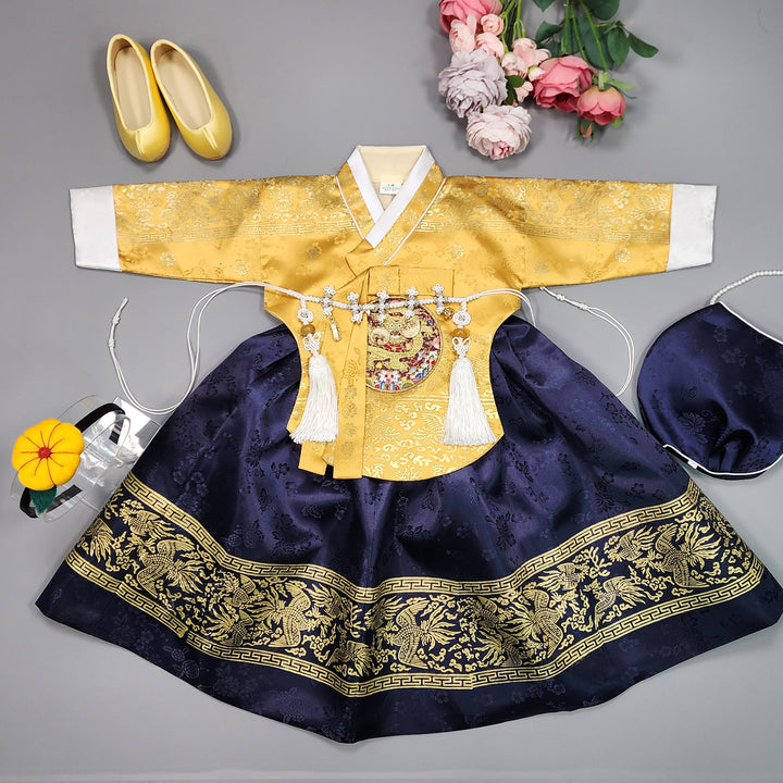 Hanbok Girl Baby Korea Traditional Clothing Set First Birthday Celebration Party Celebration 1–10 Years Gold Navy Gold Print HG116